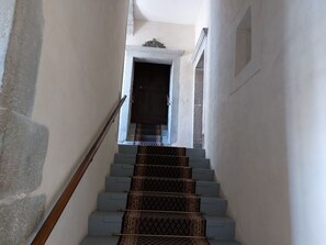 A staircase with a wooden handrail and patterned carpet leading to a dark wooden door at the top.