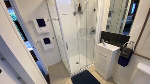 A modern bathroom with a glass shower enclosure, a white sink, and a toilet.