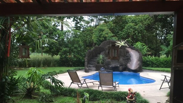 Vista de una piscina con sillas de descanso, rodeada de abundante vegetación y una estructura de piedra.