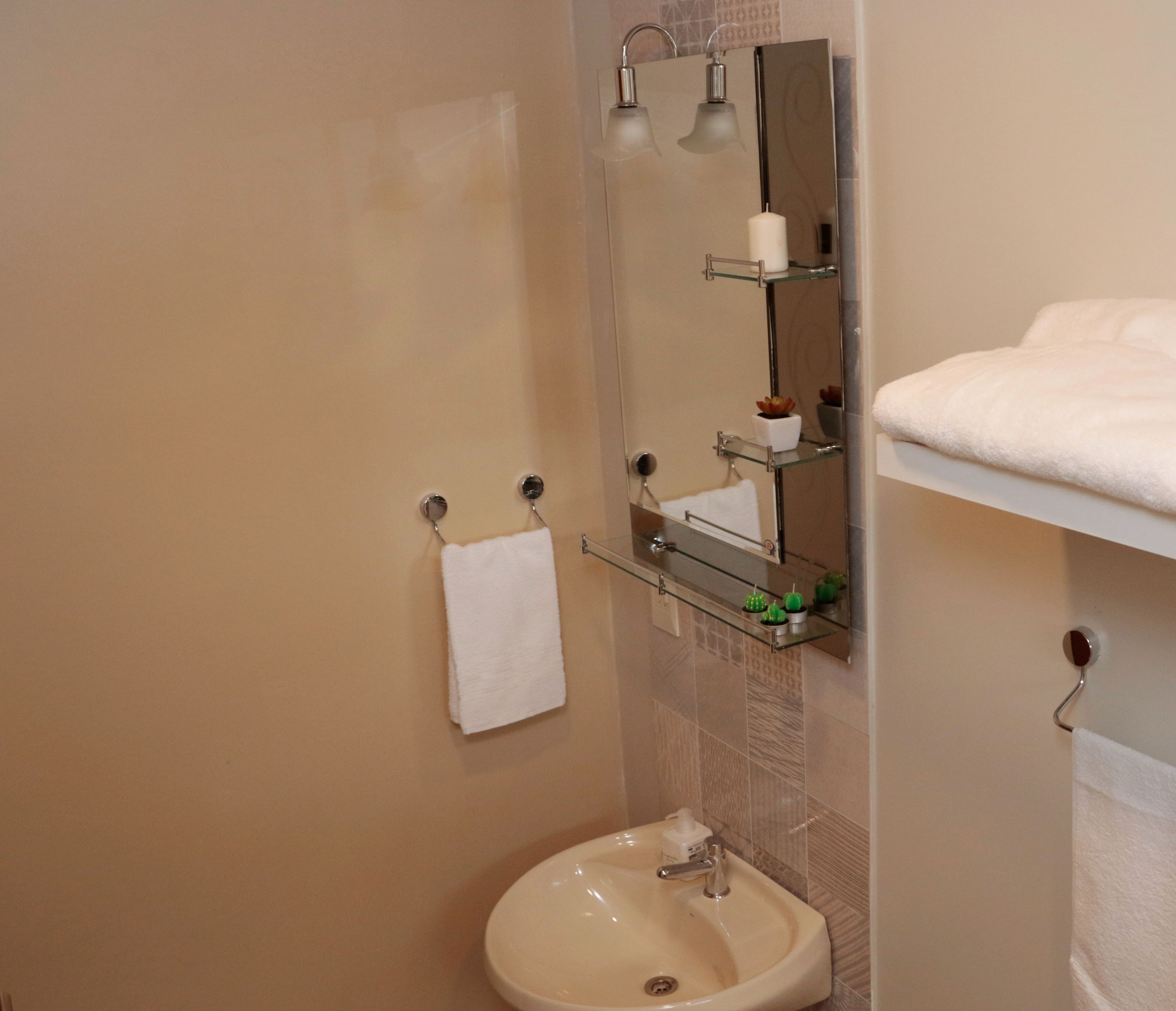 A bathroom with a sink, mirror, towel rack, and shower area.