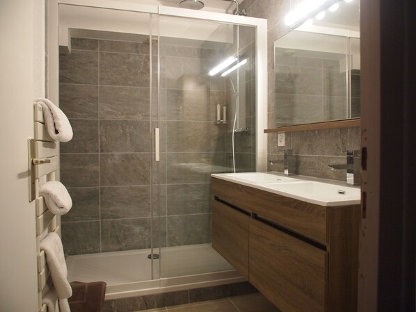 Douche, séchoir à cheveux, serviettes fournies, savon