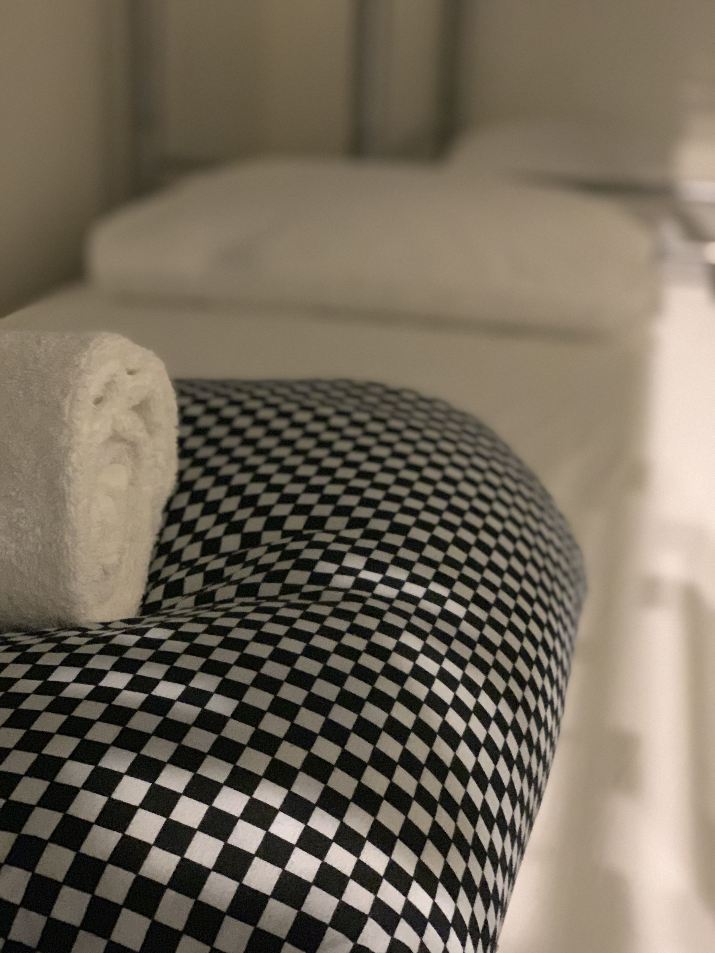 A checkered fabric pattern, likely part of a piece of furniture or decor.