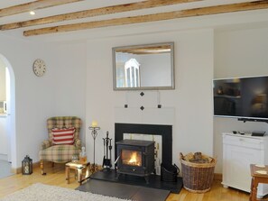 Una sala de estar acogedora con chimenea, televisor y un sillón a cuadros.