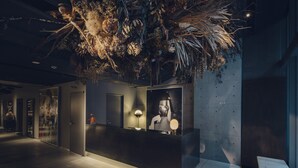 A reception area with a modern design, featuring a reception desk, a large decorative plant, and a framed artwork on the wall. - Node Hotel (Kyoto)