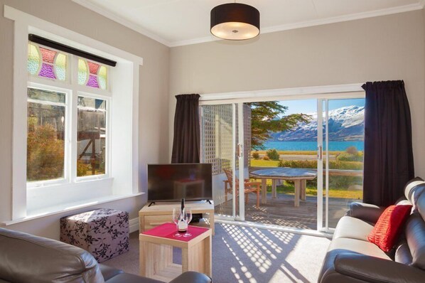 TV, DVD player, video library, stereo