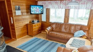 A cozy cabin interior with a wooden interior, a leather sofa, a television, and a fireplace.