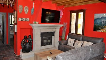 TV, fireplace, video-game console, DVD player