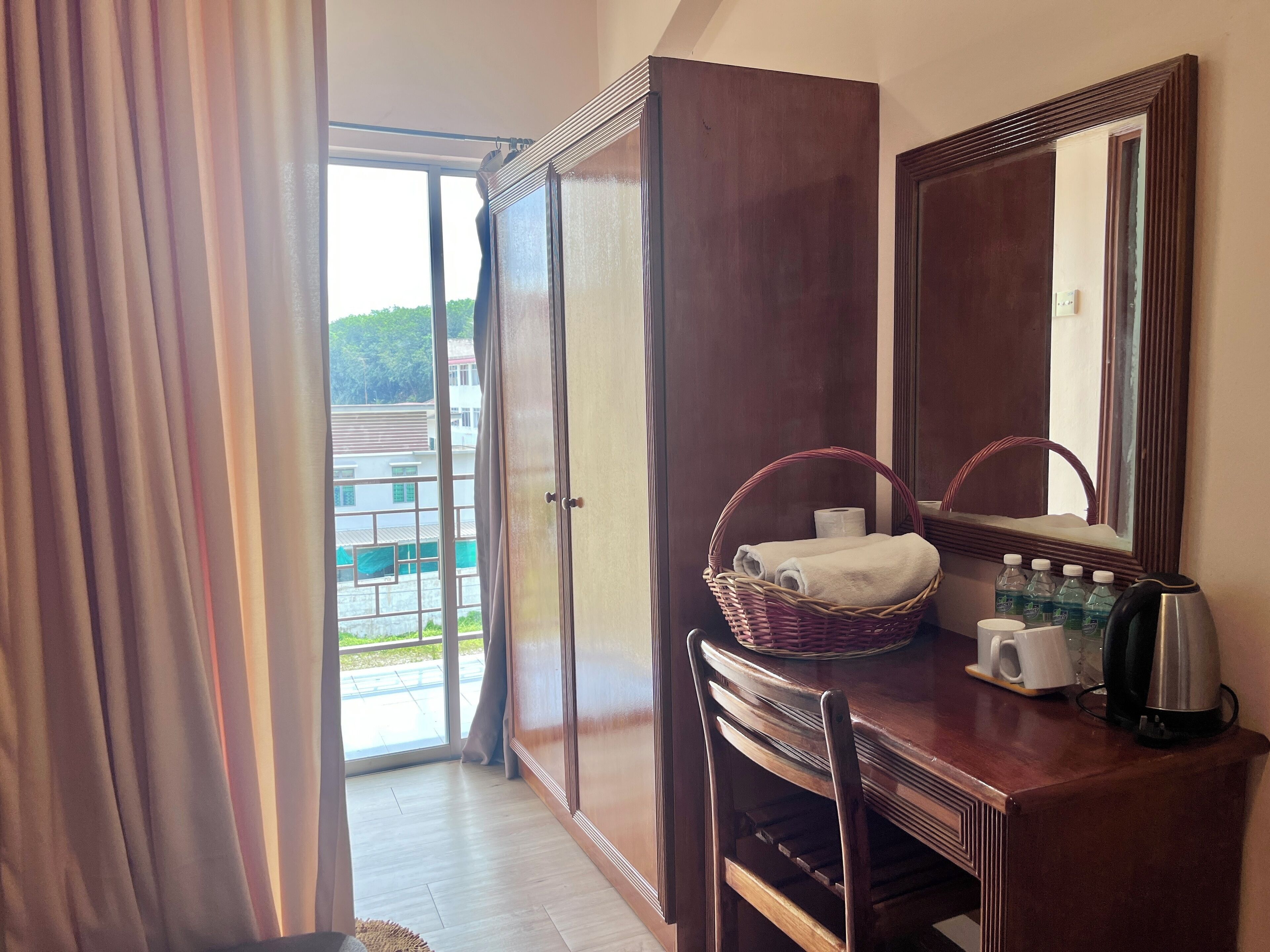 Desk, laptop workspace, blackout curtains, soundproofing