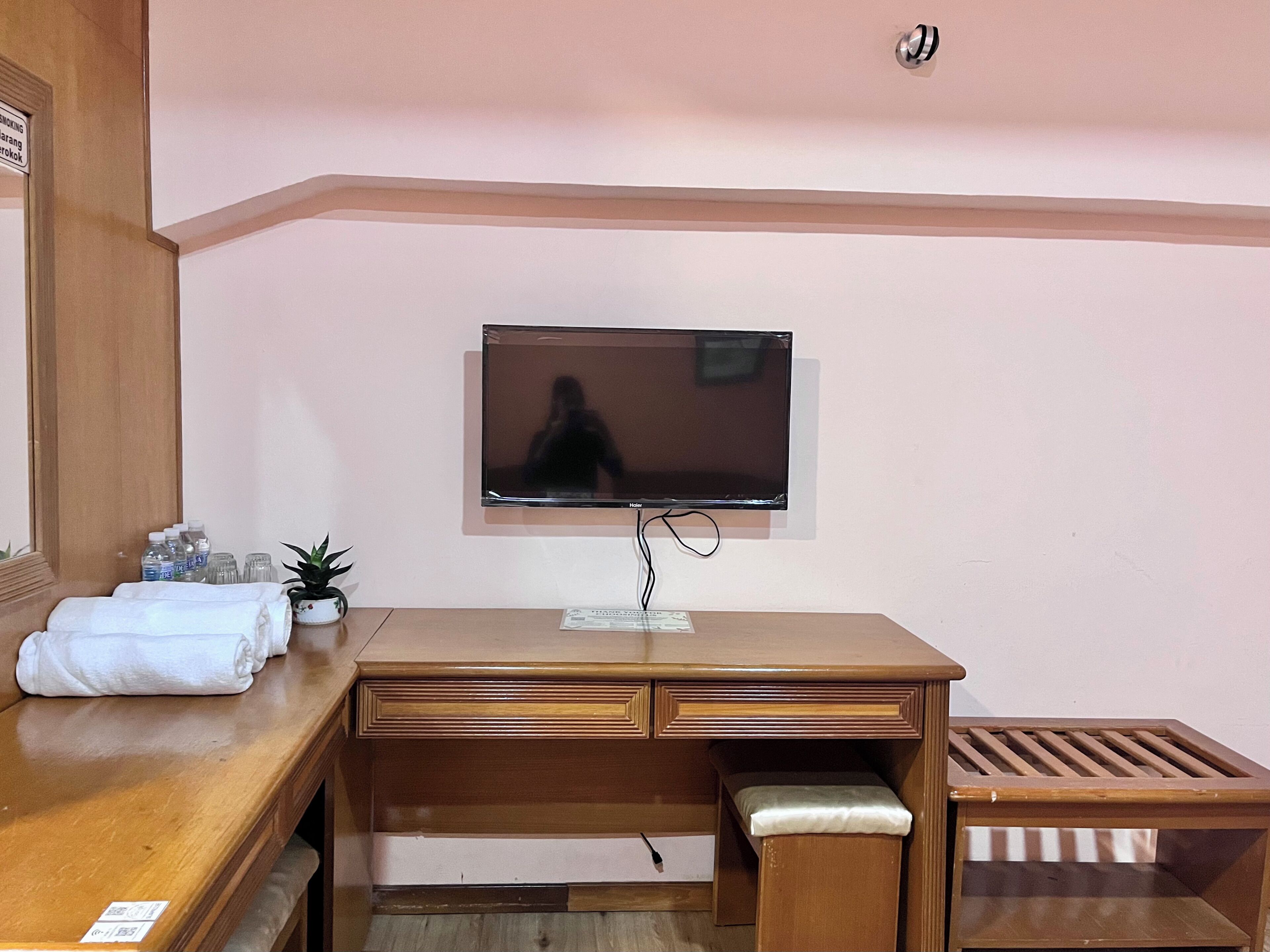 A room with a wooden desk, a television mounted on the wall, a small bench, and a potted plant.