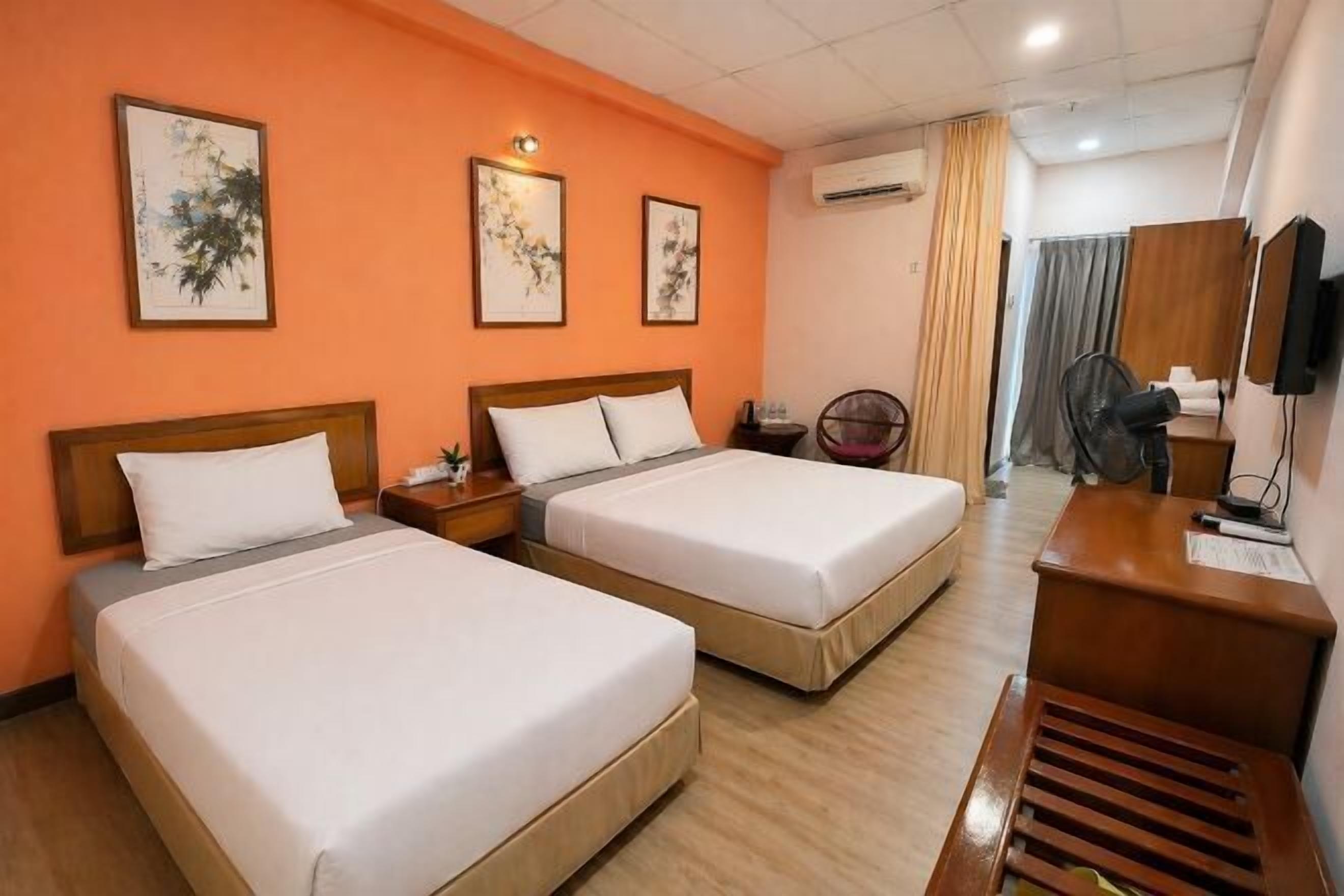 Desk, laptop workspace, blackout drapes, soundproofing