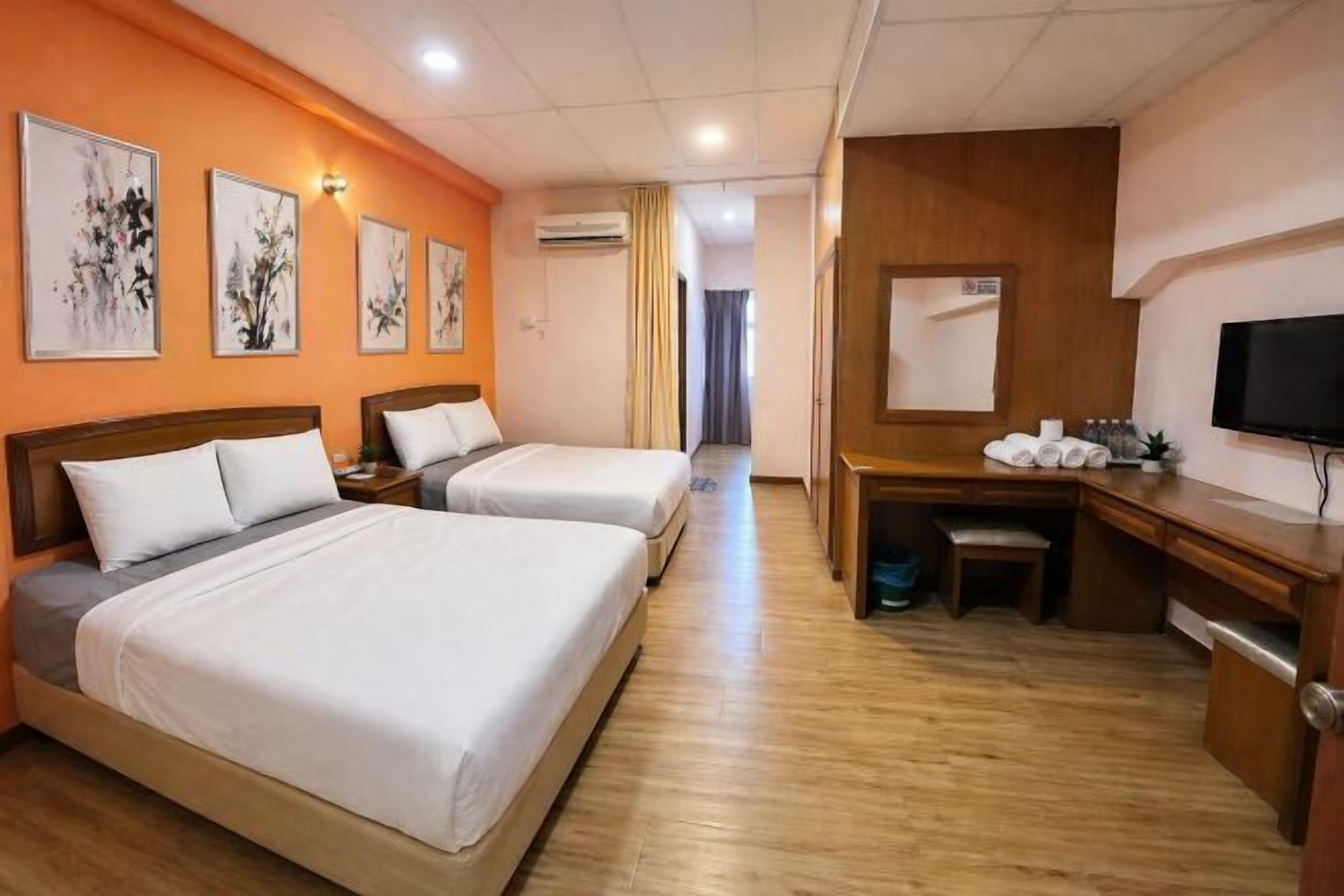 Desk, laptop workspace, blackout drapes, soundproofing