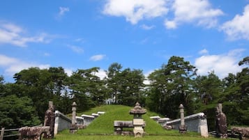 Un jardín japonés tradicional con un sendero de piedra que conduce a un torii central, rodeado de abundante follaje y faroles de piedra.