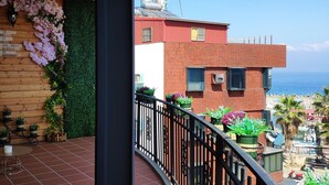 Een balkon met een gebogen hekwerk, plantenbakken en uitzicht op een gebouw met een rode gevel en blauwe lucht.