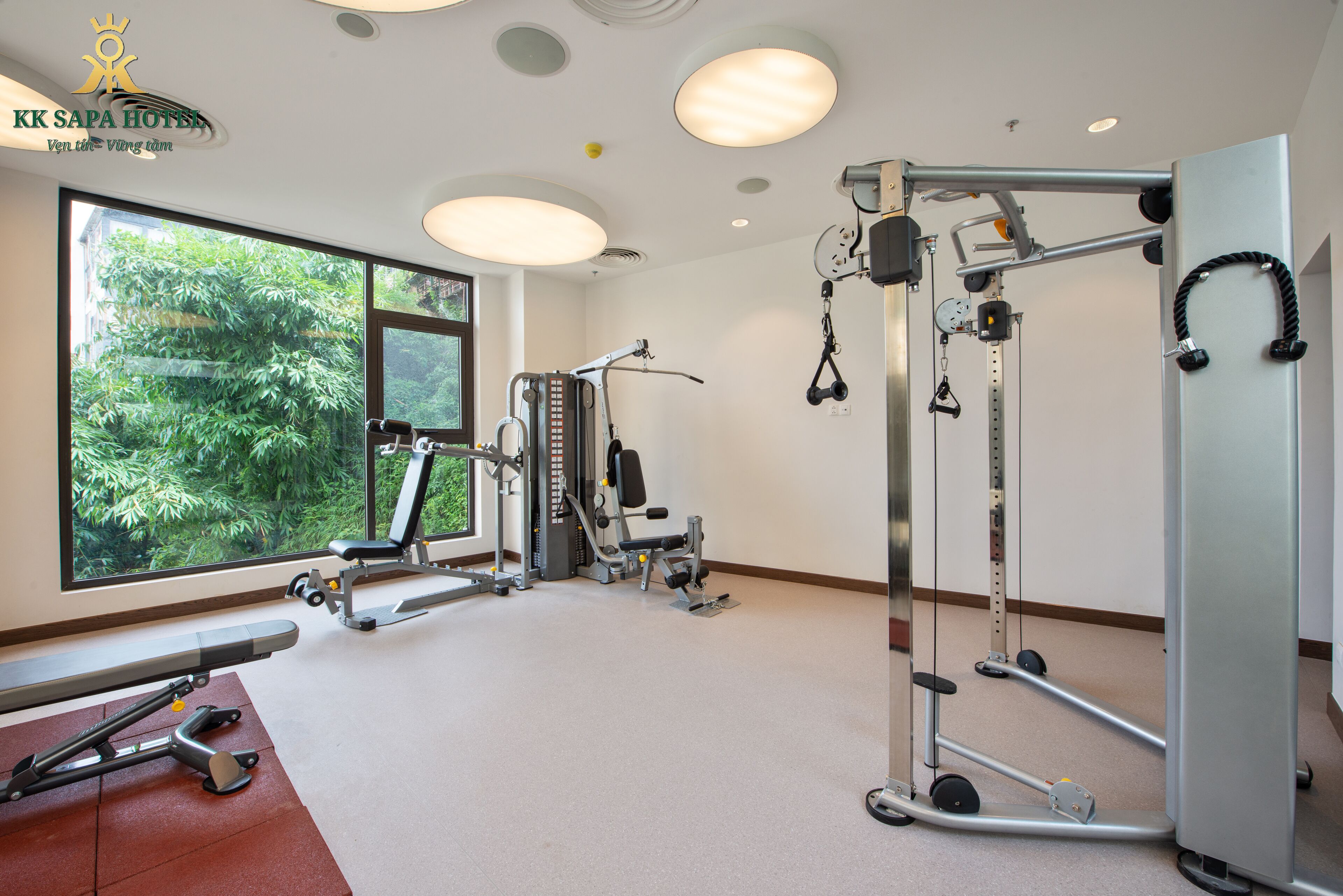 Une salle de sport équipée de divers appareils d’exercice, de grandes fenêtres offrant une vue sur la verdure et un plafond doté d’un éclairage encastré.