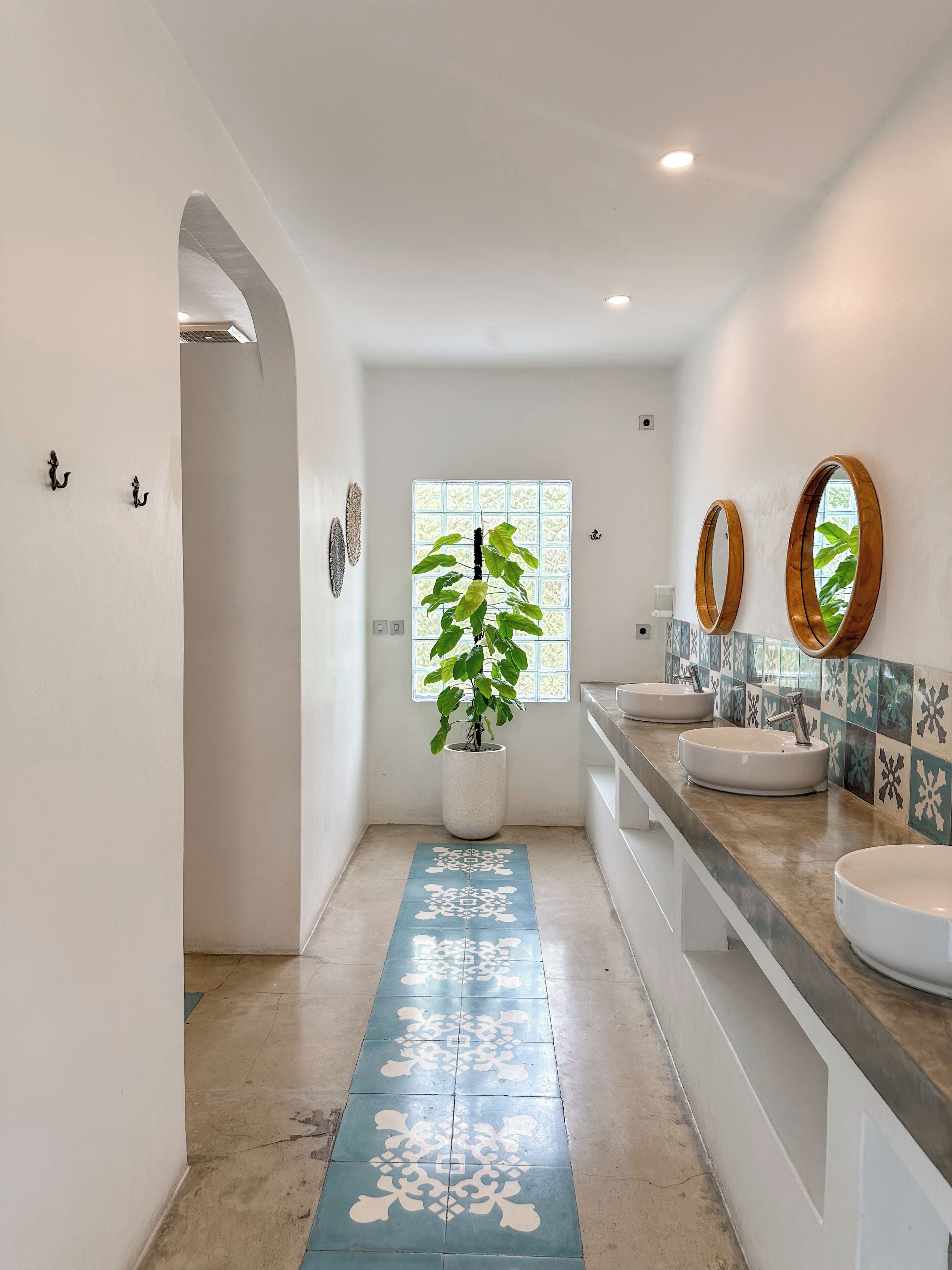 A modern bathroom with two sinks, a potted plant, and decorative tiles.