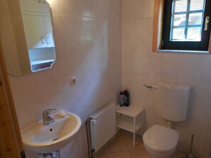 Bathtub, hair dryer, towels, toilet paper