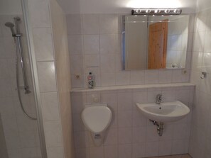 Bathtub, hair dryer, towels, toilet paper