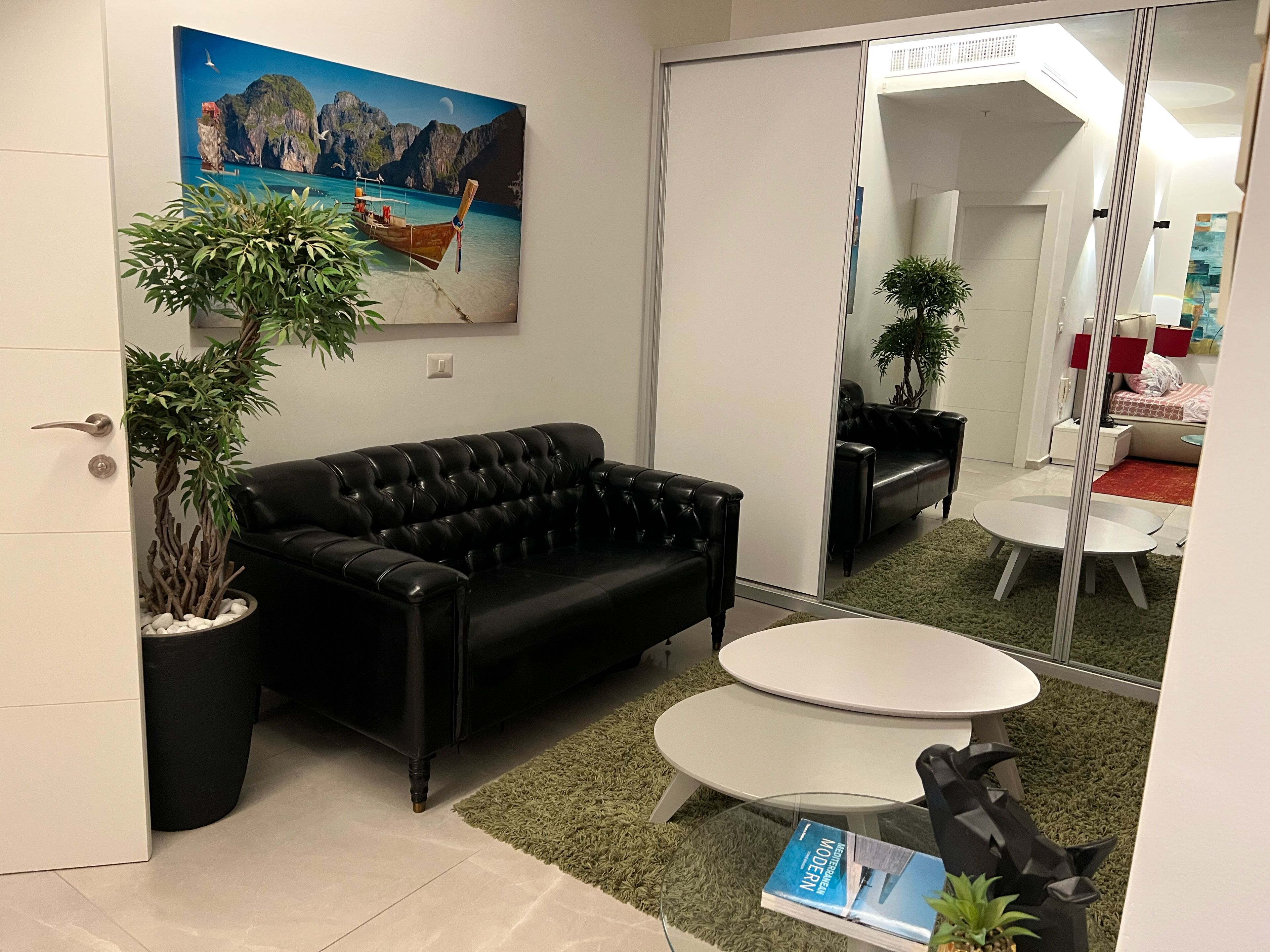 A modern living room with a black leather sofa, a glass coffee table, and a potted plant.
