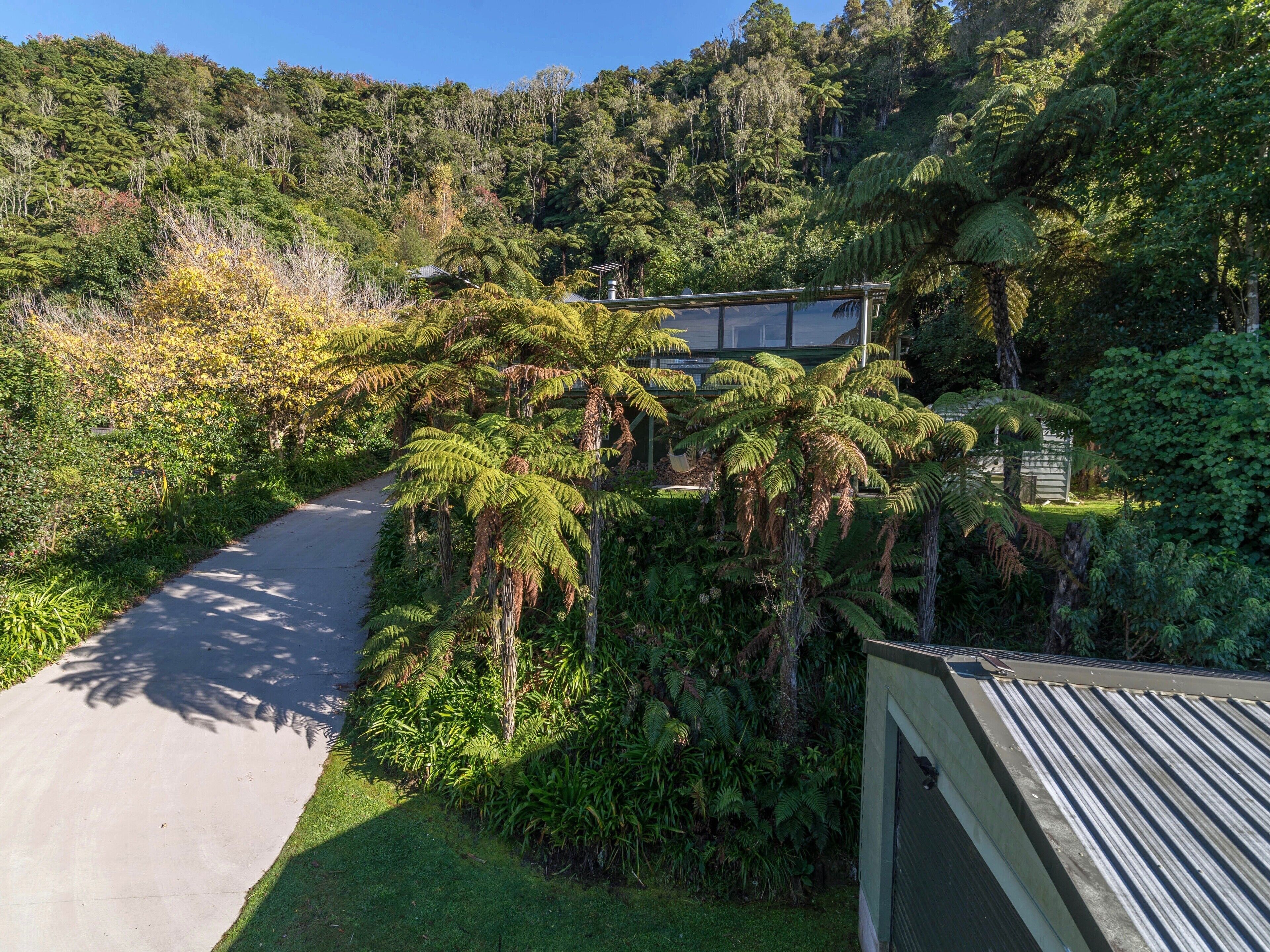 A pathway leading through a lush, green landscape with dense foliage and a building with a sloped roof.