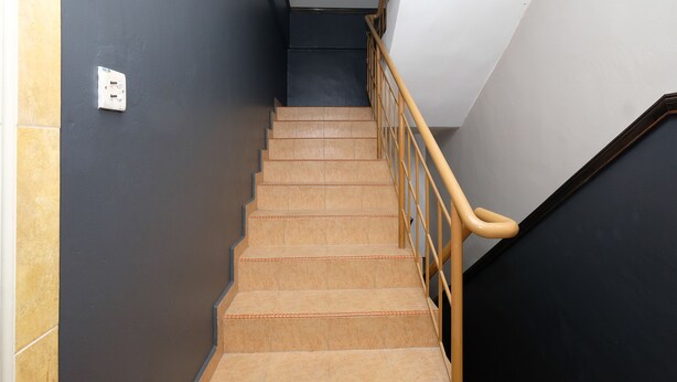 Eine Treppe mit Holzbodenstufen und Handlauf, die zu einer Zwischenebene mit einem Lichtschalter an der Wand führt.