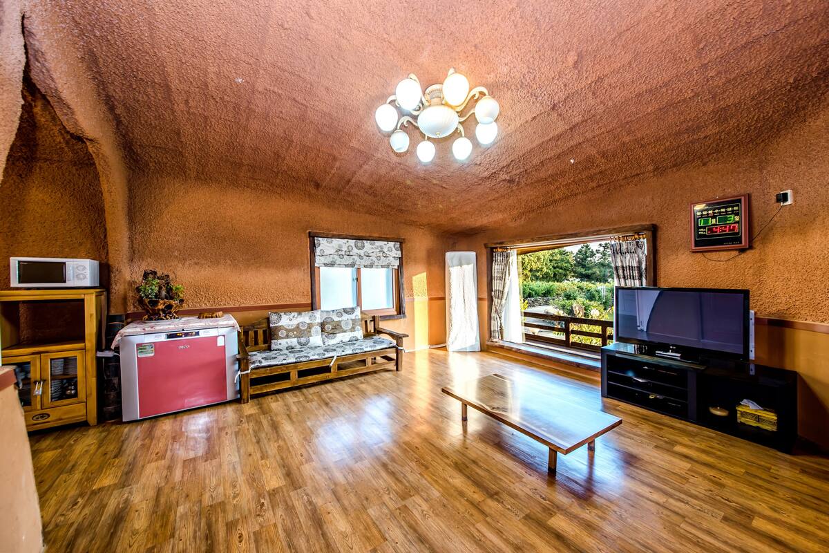 A spacious living area with a wooden floor, a pink refrigerator, a sofa, a television, and a ceiling light fixture.