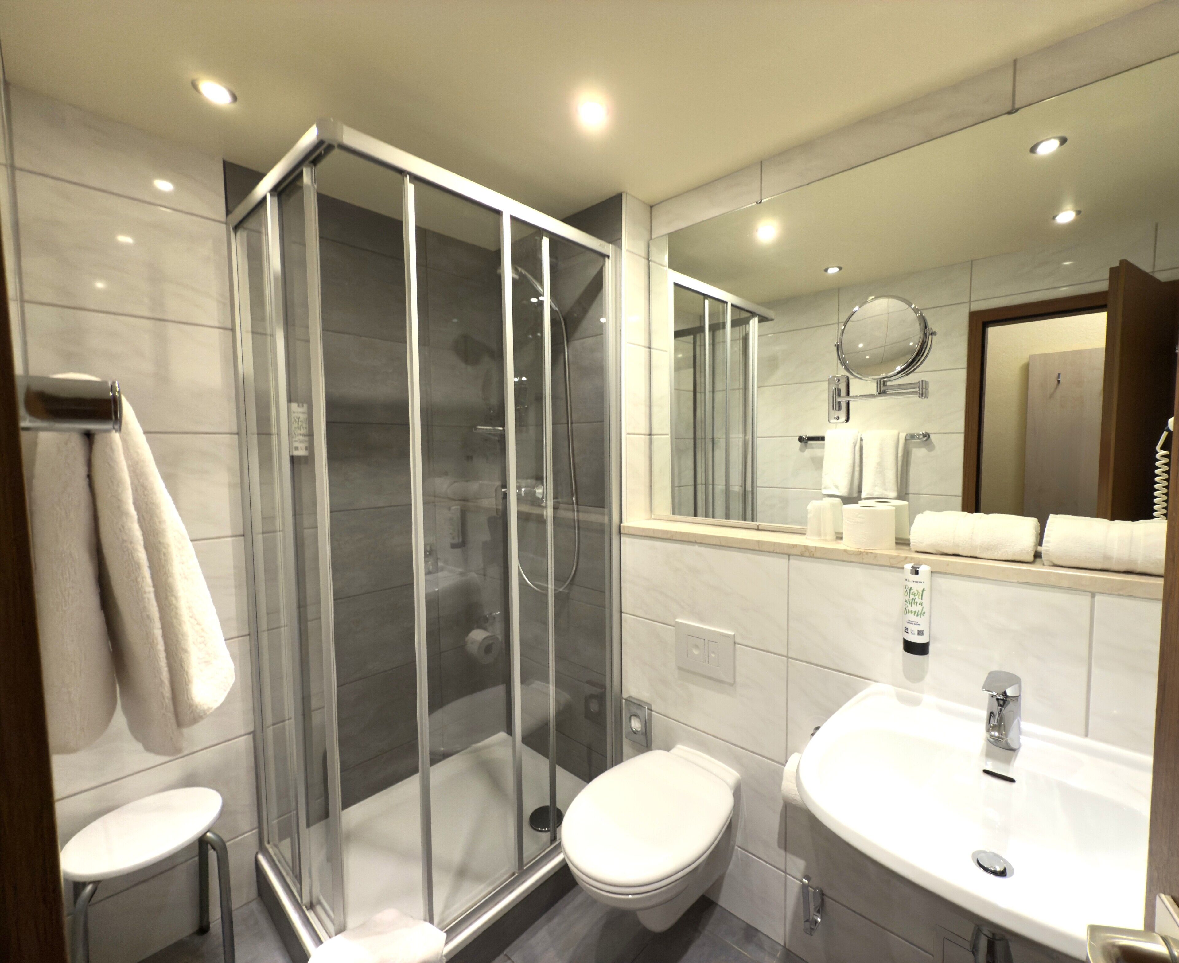 A modern bathroom with a glass-enclosed shower, a white toilet, and a sink with a mirror above.