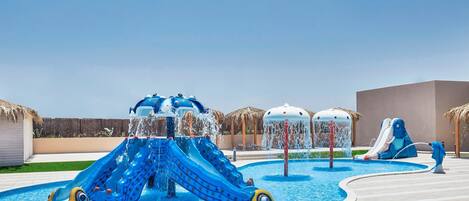 A water park with slides and water features.