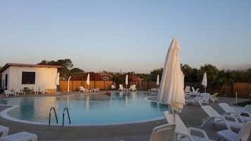 Seasonal outdoor pool, pool umbrellas, pool loungers
