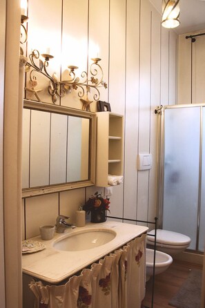 Shower, free toiletries, hair dryer, bidet