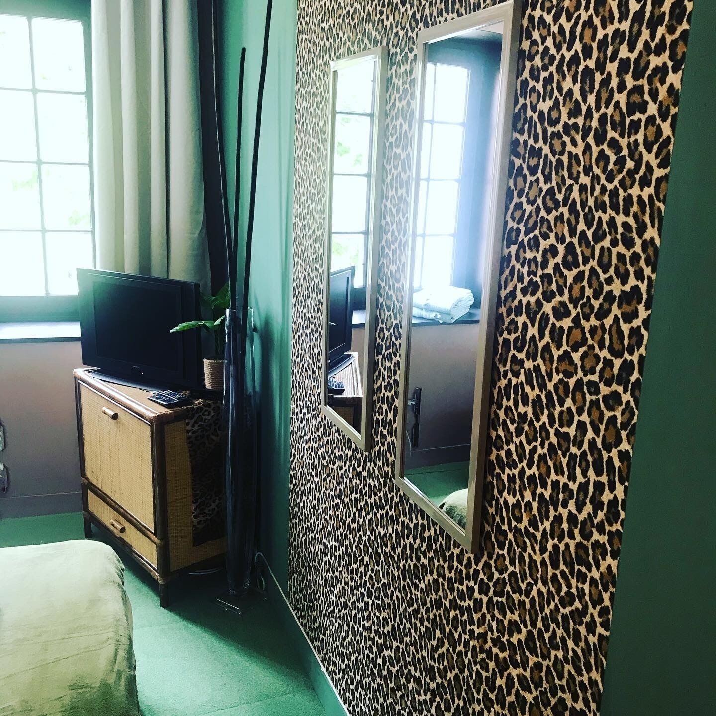 Ein Zimmer mit Wand in Leopardenmuster, einem Fernseher auf einer Holzkommode und einem Fenster mit Vorhängen.