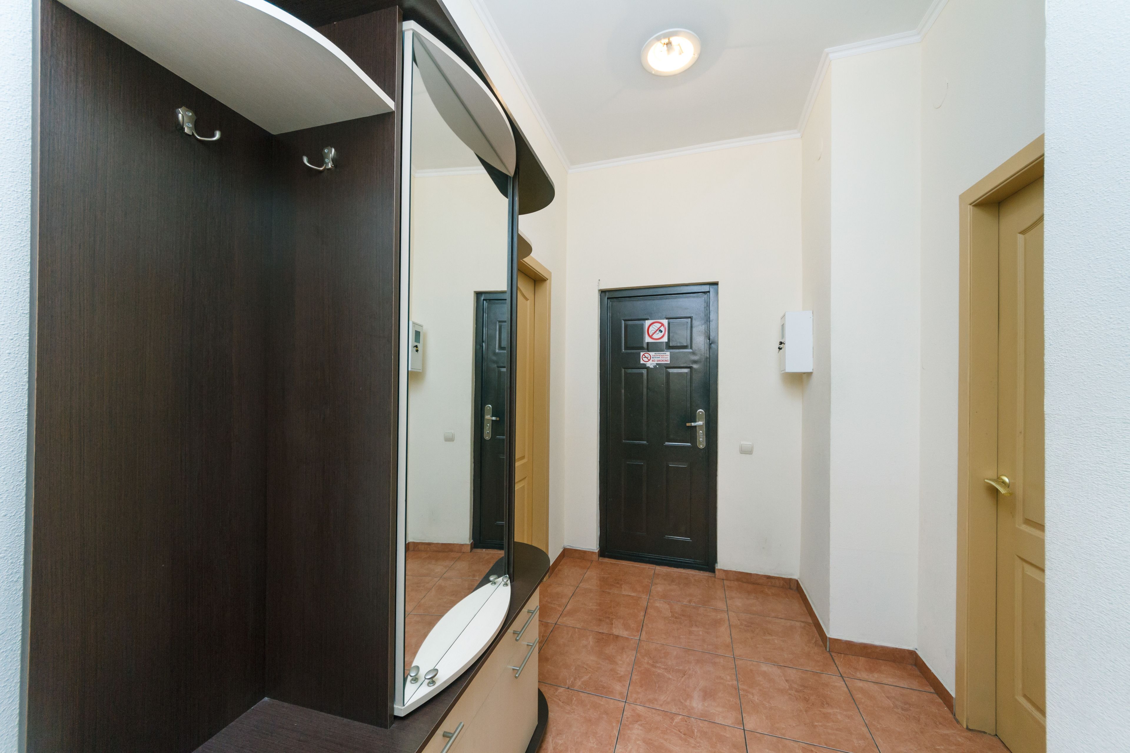 A hallway with a dark wooden door, a mirror, and a light switch on the wall.