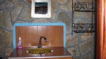 Shower, rainfall showerhead, hair dryer, towels