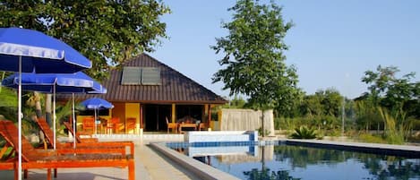 Outdoor pool, sun loungers