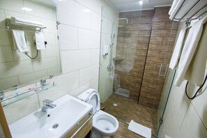A modern bathroom with a glass shower enclosure, a white sink, and a toilet.