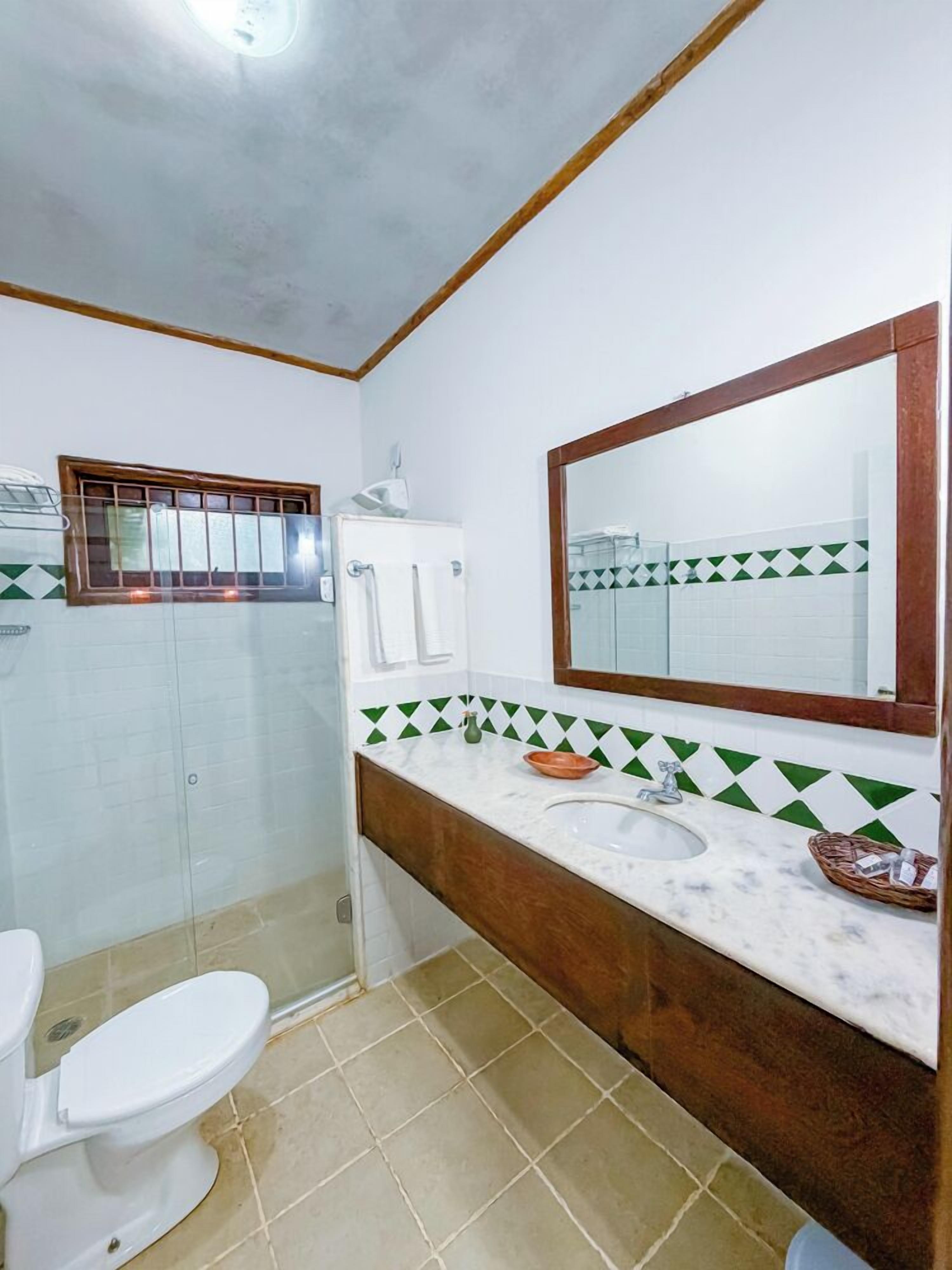 Un baño con inodoro, lavamanos y espejo.