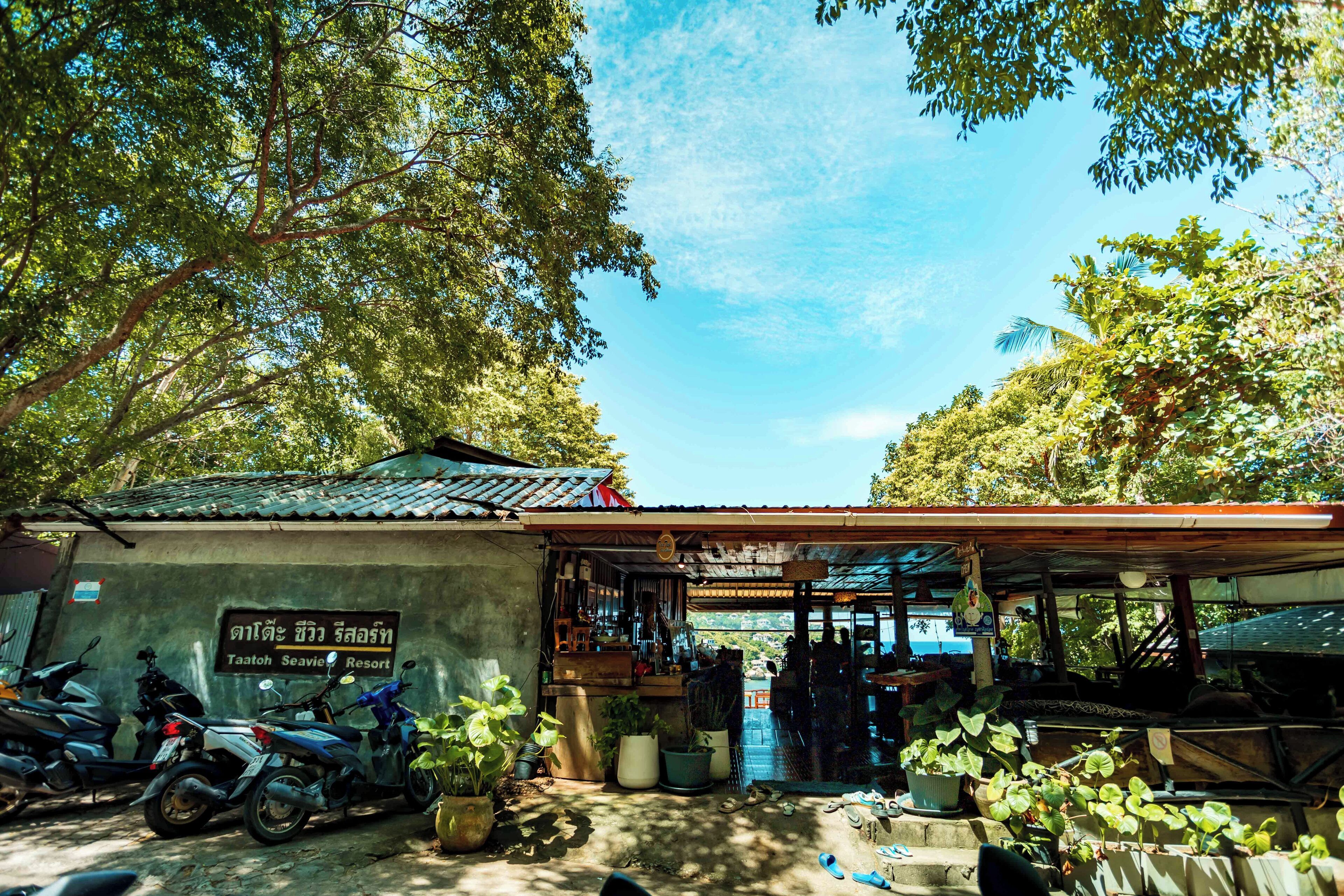 A small building with a sign in a foreign language, a covered outdoor seating area, and several potted plants.