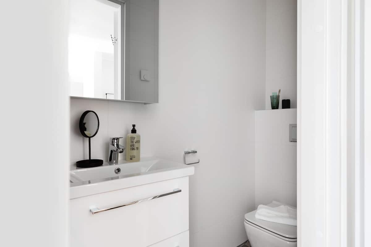 Swanky 1-Bedroom Suite | Badrum | Dusch, lyxtoalettartiklar, hÄrtork och golvvÀrme