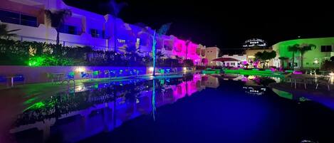 Outdoor pool, pool umbrellas, pool loungers