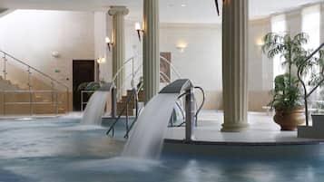 Indoor pool, open 10:00 AM to 9:00 PM, pool loungers