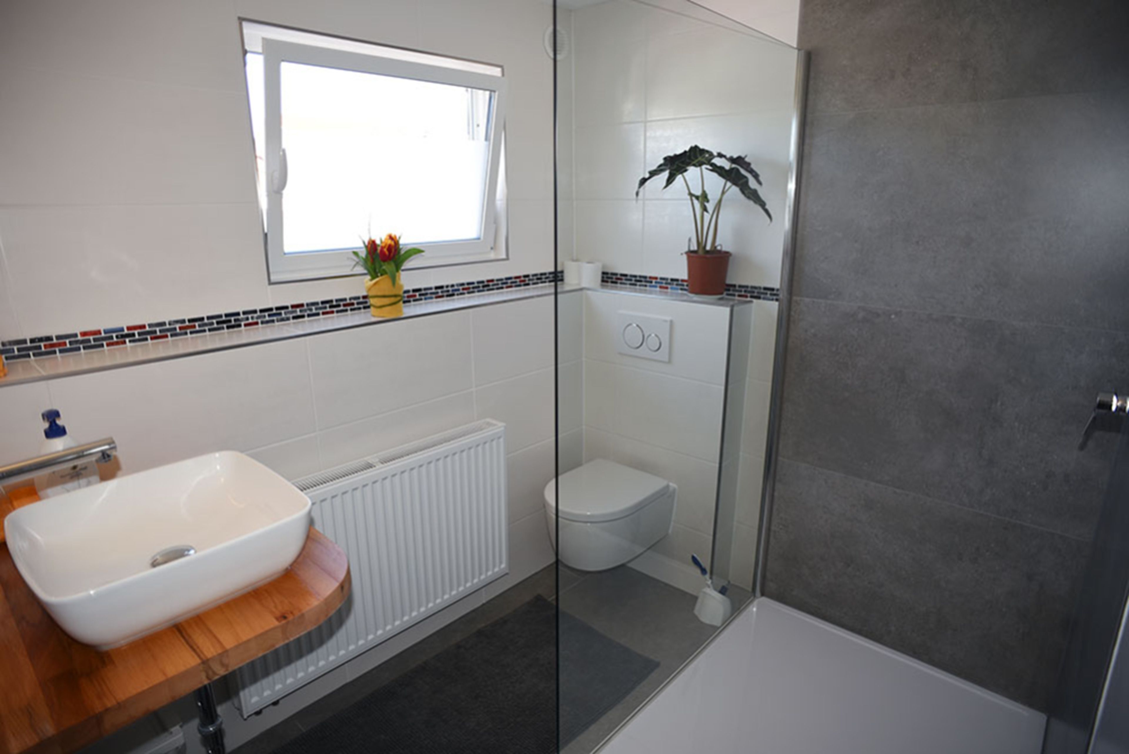 A modern bathroom with a white sink, toilet, and shower. There is a window above the sink and a potted plant on the shower wall.