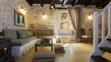 Televisio, takka, DVD-soitin, kirjoja