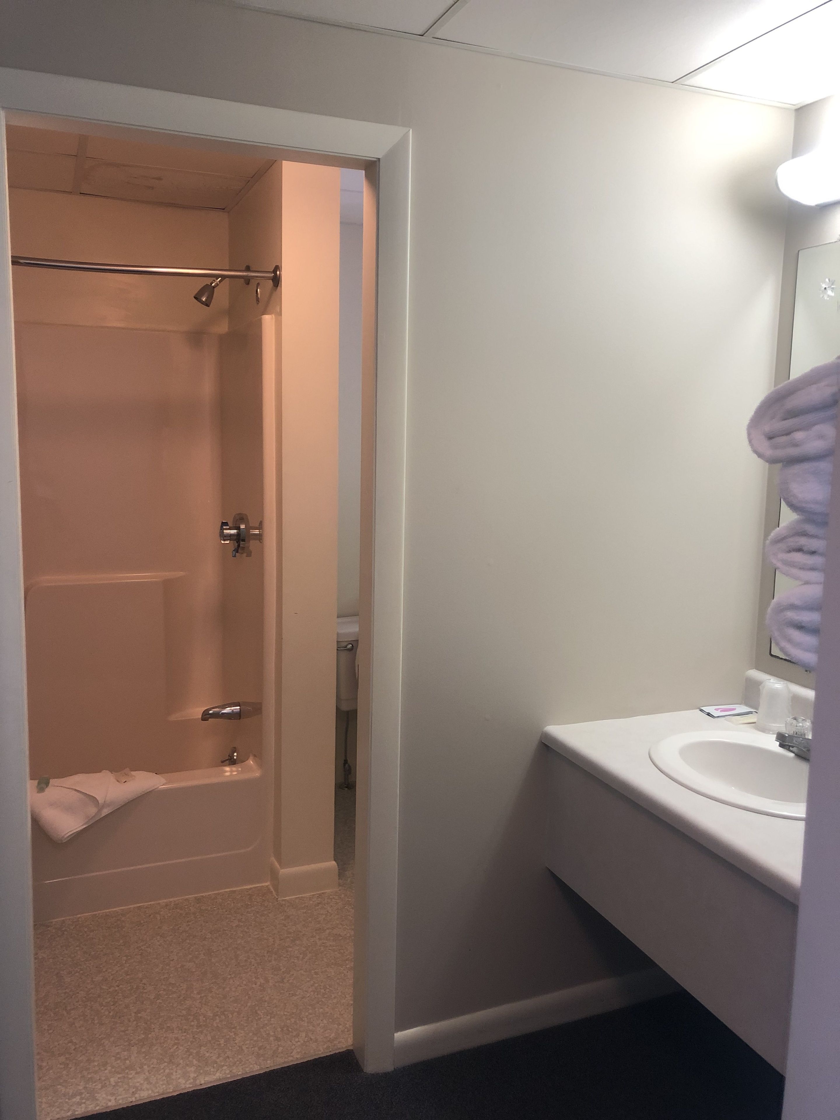 A bathroom with a shower, toilet, and sink.