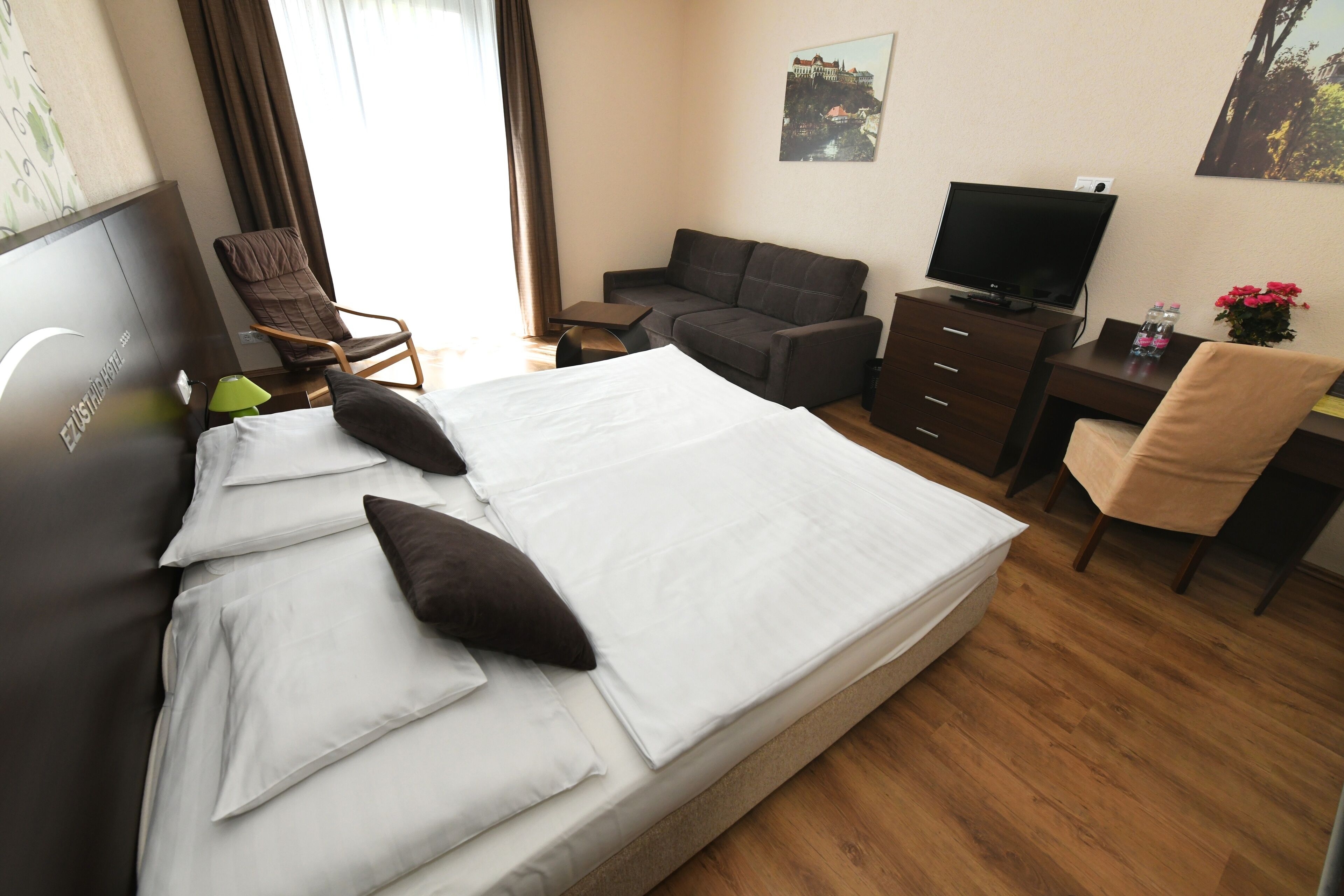 Una habitación de hotel con cama, escritorio, televisor y silla.