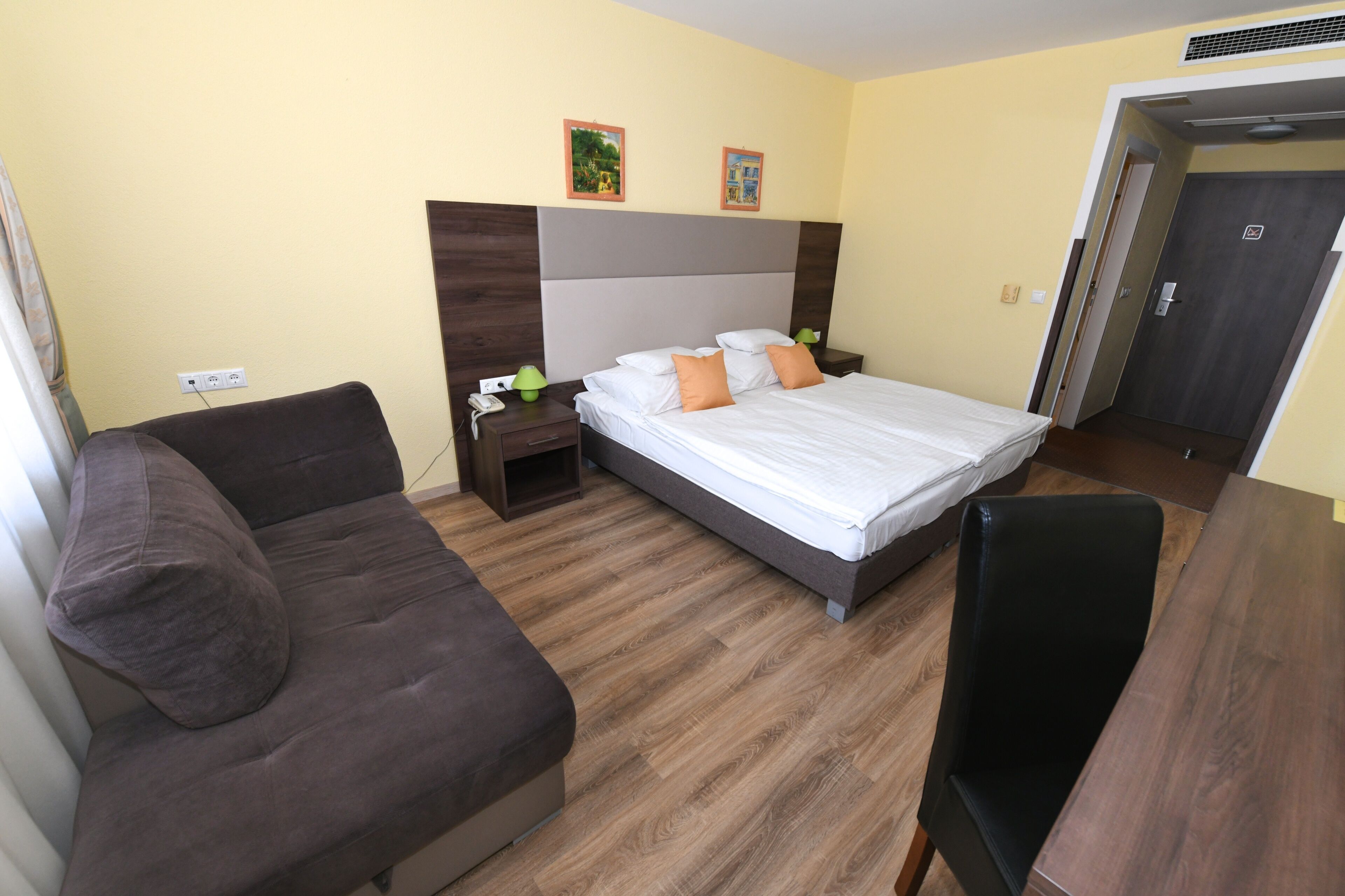 A hotel room with a bed, a sofa, a desk, and a chair.