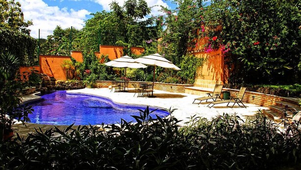 Una piscina con sillas de descanso y sombrillas, rodeada de exuberante vegetación y un muro de piedra.
