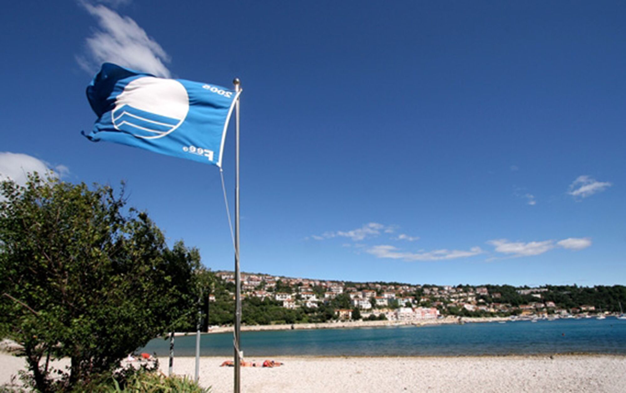 Una playa con un asta de banderas y una bandera.