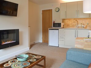 A living room with a fireplace, a television, a sofa, and a kitchen area with cabinets and a microwave. - 2 bedroom accommodation in Wasdale Head, near Gosforth (Wasdale Head, near Gosforth)