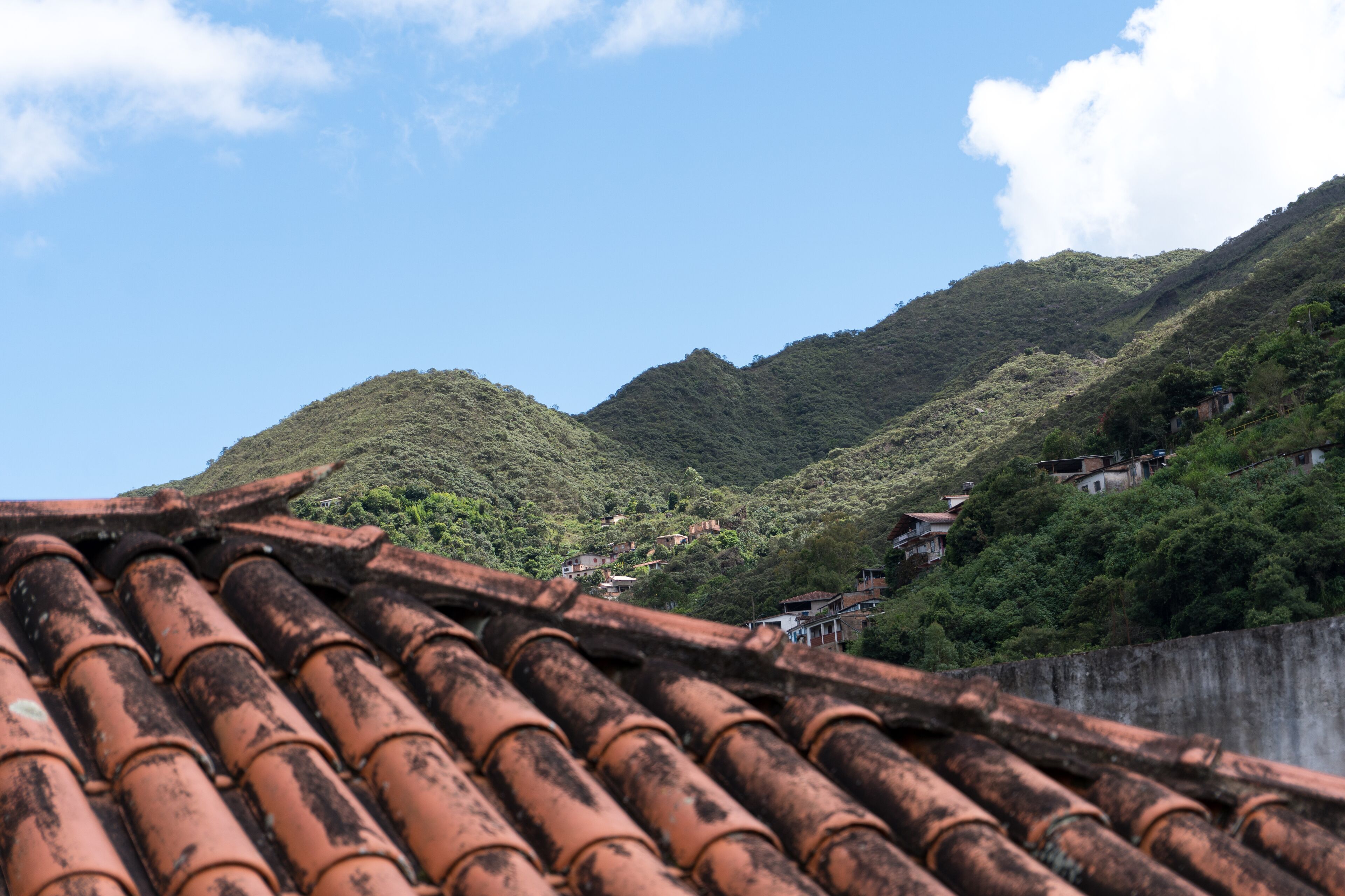A view of terracotta roof tiles with a mountainous landscape in the background.