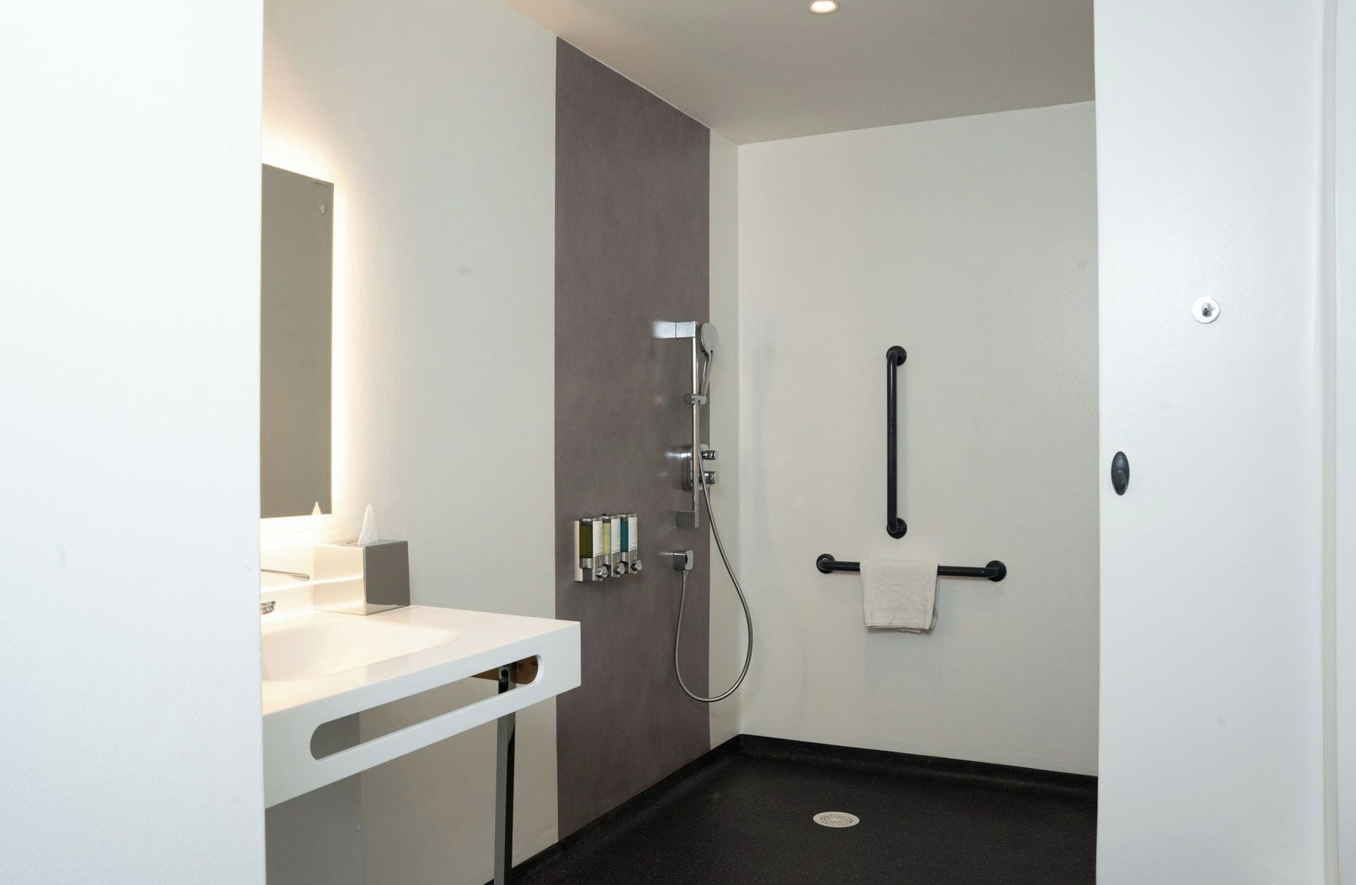 A modern bathroom with a white sink, a mirror, a shower with a handheld showerhead, and a towel rack.