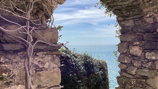 Un arco de piedra que da paso a una escalera de piedra, con una planta en maceta y vistas al mar.